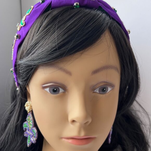 Fleur-de-lis Beaded Knotted Headband NOLA Carnival Style - Picture 4 of 5